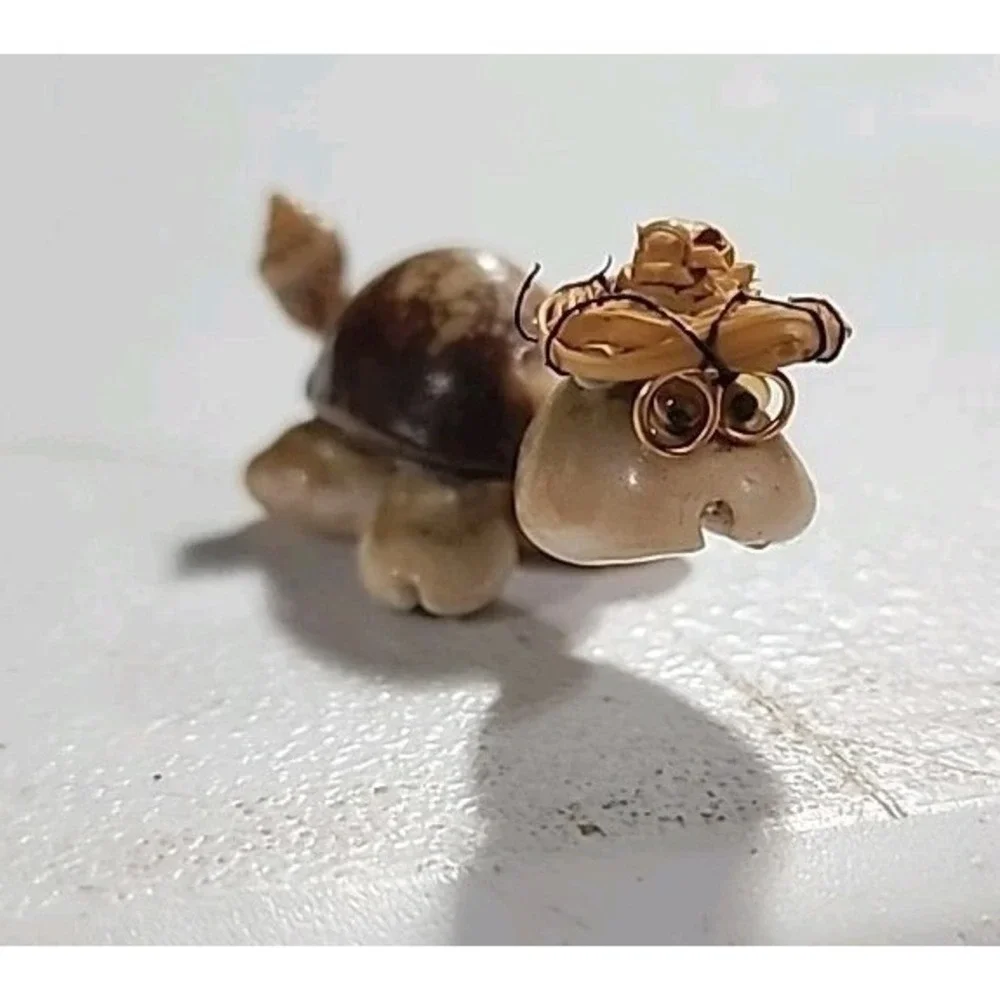 Vintage Cowry Sea Shell Turtle Tortoise Mini Figurine with Glasses and Hat Decor